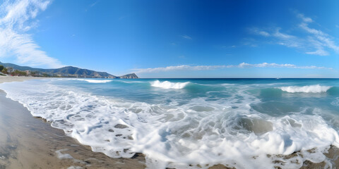 Fototapeta na wymiar Panoramic seascape with surf waves against a blue sunny sky with clouds. Natural Mediterranean beach. Generative AI. 