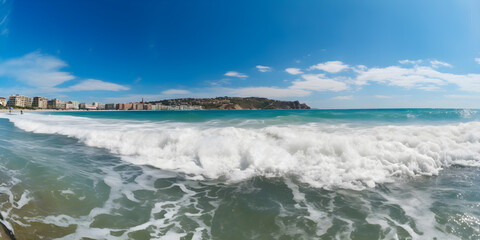Panoramic seascape with surf waves against a blue sunny sky with clouds. Natural Mediterranean beach.
Generative AI. 