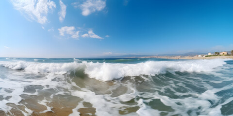 Fototapeta premium Panoramic seascape with surf waves against a blue sunny sky with clouds. Natural Mediterranean beach. Generative AI. 