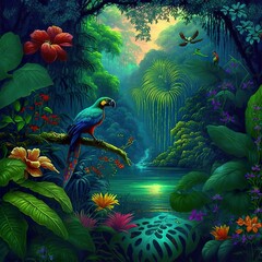 Rainforest landscape with bird created with Generative AI