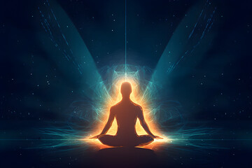 Illustration of spiritual awakening enlightenment meditation. Monk meditating in lotus position. 
Generative AI. 