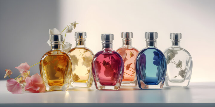 Transparent multi color glass floral perfume bottles on a light simple background. 
Generative AI. 
