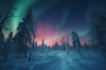 Wintry landscape with northern lights in blue and red, reminiscent of a Christmas card. Generative AI