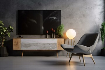 TV cabinet in contemporary room with armchair, lamp, table, flora, concrete backdrop, 3D visualisation. Generative AI