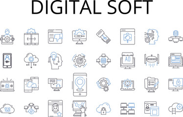 Digital soft line icons collection. Electronic silky, Virtual smooth, Computerized gentle, Online malleable, Cyber liquid, Virtual pliable, Electronic flexible vector and linear Generative AI