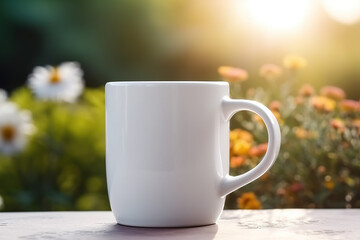 Flower Mug with a View, Blank White 15 oz Coffee Mug Mockup with Beautiful Flowers in Background anf Bokeh - Generative AI