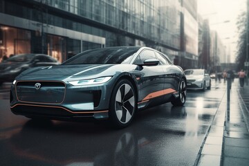 Fototapeta na wymiar Modern city with self-driving electric cars. Generative AI