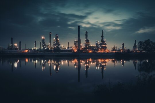 Sight of petrochemical plant on coastal reservoir at dusk. Generative AI
