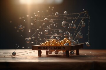 The concept of breakthrough leading to success and happiness in business and life, portrayed by a 3D illustration of a Newton's cradle and the word 'breakthrough'. Generative AI