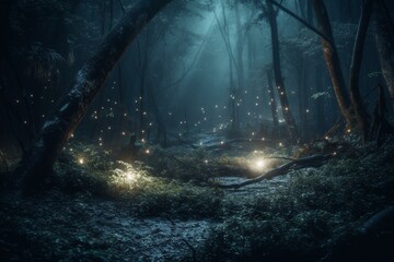 A mystical woodland at night. Generative AI