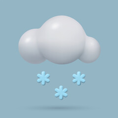 3d Cloud with snowflakes. Cute cartoon minimal weather forecast icon. Vector realistic style snowing illustration.