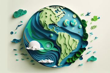 Paper Earth art, ecology, eco firendly, world water day, save environment, environmental protection, renewable energy, green energy, earth paper illustration. Generative AI