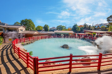 Beppu, Japan - Nov 25 2022: Kamado Jigoku hot spring in Beppu, Oita. The town is famous for its onsen (hot springs). It has 8 major geothermal hot spots, referred to as the "eight hells of Beppu"