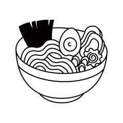 Hand drawn doodle Ramen bowl Korean traditional noodle soup black and white line vector illustration