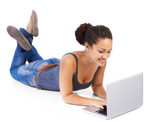 Laptop, student and woman working on research on the internet lying down on a floor and writing...