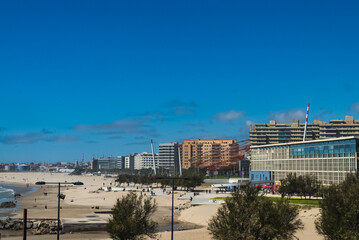 Panoramic landscape in Matosinhos beach with view of the sea and buildings of the city. Matosinhos, Portugal