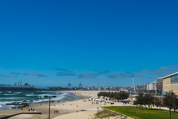 Panoramic landscape in Matosinhos beach with view of the sea and buildings of the city. Matosinhos, Portugal