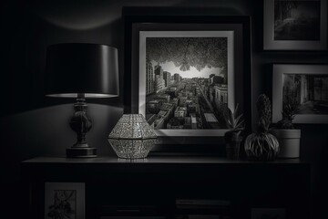 Square black monochrome picture frame and interior accessories in a room. Generative AI