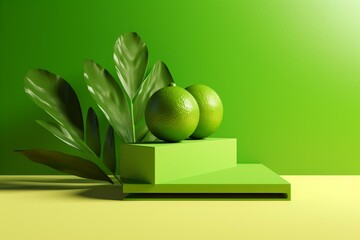 3D rendered lime green minimalist product display with podium, leaf shadows in background. Generative AI