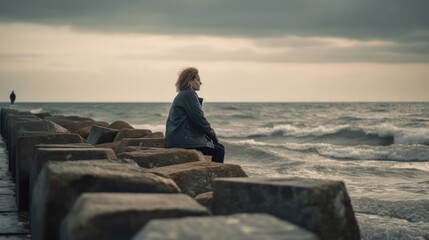 Naklejka premium woman sitting on a breakwater, looking at the horizon with a sad expression. Generative AI