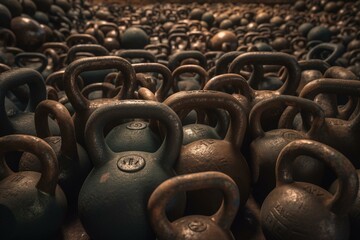 Obraz na płótnie Canvas Panoramic view of numerous kettlebells / 3D graphic of ample heavy kettlebells. Generative AI