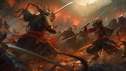 samurai battles demonic foes, digital art illustration, Generative AI