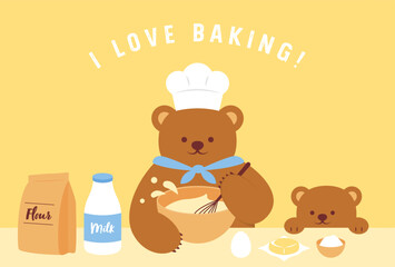 vector background with a teddy bear chef baking for banners, cards, flyers, social media wallpapers, etc.