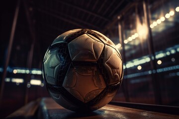 Vintage soccer ball under stadium lights. Generative AI