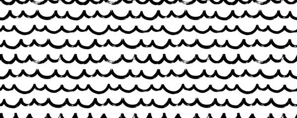 Seamless bold wave pattern. Hand drawn banner design with sea, rivers or water texture. Horizontal curved brush strokes vector background. Grunge rough thick waves. Abstract geometric banner.