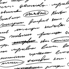 Seamless poetry pattern with handwritten unreadable text. Underlining words in a sentence, strikethrough, highlight text. Hand drawn vector monochrome script, cursive words. Abstract lettering wallpap