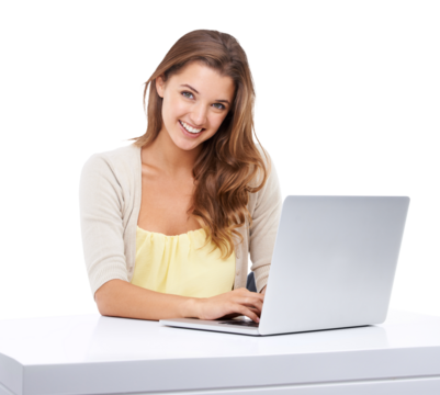 Face portrait, woman and typing on laptop isolated on a transparent png background. Computer, smile and happy person, remote worker or female working on research, online browsing or social media.