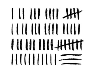 Tally marks count or prison wall sticks lines counter. Brush drawn prison or jail wall counting lines. Vector hand drawn chalk stripes with slash strokes. Black ink illustration. Grunge numbers. - obrazy, fototapety, plakaty