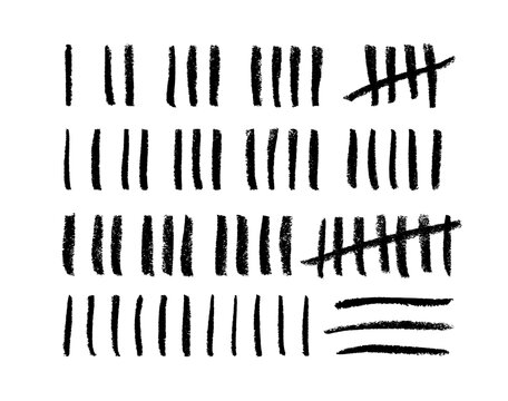 Tally marks count or prison wall sticks lines counter. Brush drawn prison or jail wall counting lines. Vector hand drawn chalk stripes with slash strokes. Black ink illustration. Grunge numbers.