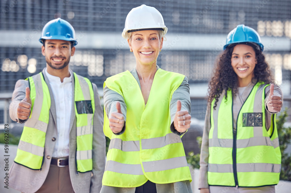 Aufkleber Your building is up to code. Cropped portrait of three happy construction workers giving thumbs up while standing on a building site.