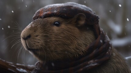 stylish winter capybara, digital art illustration, Generative AI
