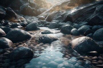 Mesmerizing stream adorned with splendid rocks & sparkling elements: a grand design on Unreal Engine 5 featuring widescreen view & intricate materials. Generative AI