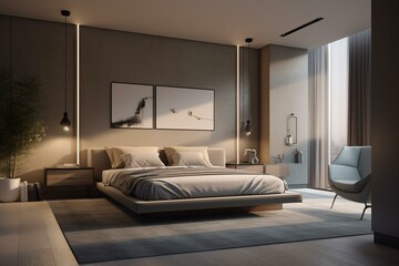 3D-rendered bedroom in beige and blue. Generative AI