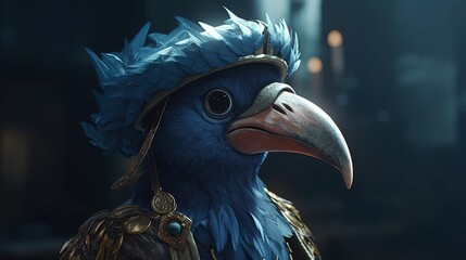educated anthropomorphic blue bird, digital art illustration, Generative AI