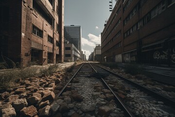 Fototapeta na wymiar Desolate cityscape with a deserted path next to a workplace made from bricks. Generative AI