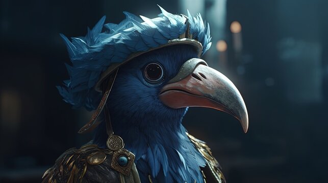 educated anthropomorphic blue bird, digital art illustration, Generative AI