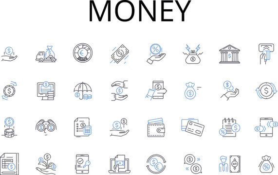 Money line icons collection. Wealth, Currency, Cash, Dough, Bucks, Moolah, Funds vector and linear illustration. Coins,Greenbacks,Scratch outline signs set Generative AI