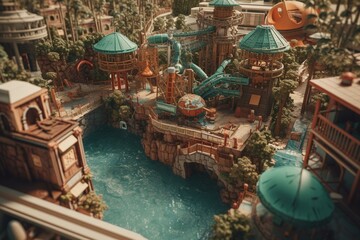Fototapeta na wymiar A fictional water park with water slides and amusement attractions. Generative AI