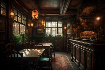 Fototapeta na wymiar illustration of irish pub, retro classic wooden bub, vintage European bar, A tavern with tables and chairs located in a small interior, generative ai