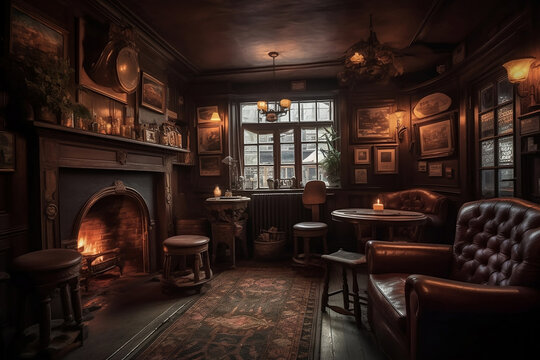 A cozy pub near a fireplace with brown leather seating, irish pub, retro classic wooden bub, vintage European bar, A tavern, generative ai