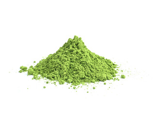 powdered hill green tea, green powder heap for health isolated on white background