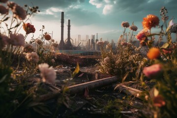 Art depicting industrial pollution over flowers. Generative AI