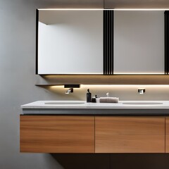A minimalist bathroom with a floating vanity and frameless mirror4, Generative AI