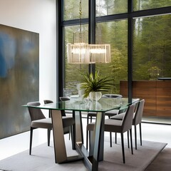 A contemporary dining room with a glass table and statement lighting5, Generative AI