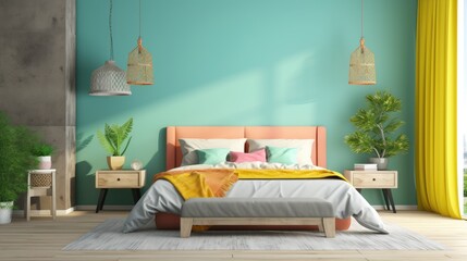 Summertime bedroom with colorful interior design in the morning sun