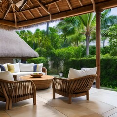 A tropical outdoor living area with a thatched roof and comfortable seating2, Generative AI